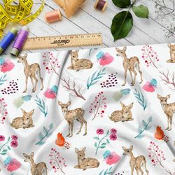 Ткань поплин оленята и веточки брусники на белом фоне