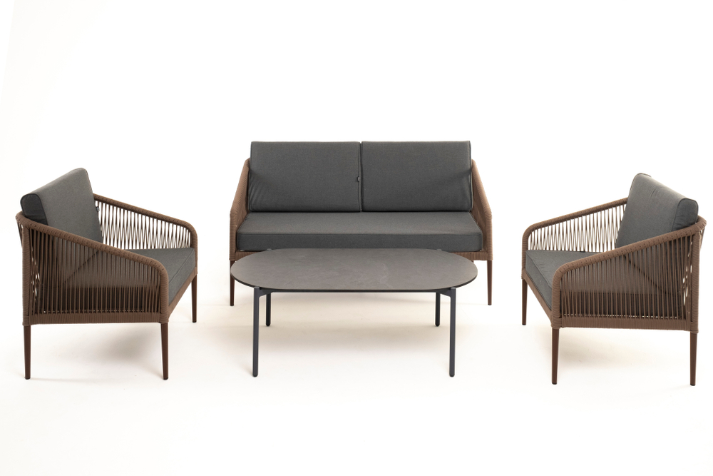 "Канны" лаунж-зона 4-местная из роупа со столом "Верона" (серый гранит), каркас алюминиевый коричневый, роуп коричневый