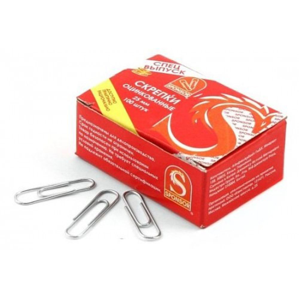 Скрепки канцелярские Sponsor, 25 мм, оцинкованные, 100 шт