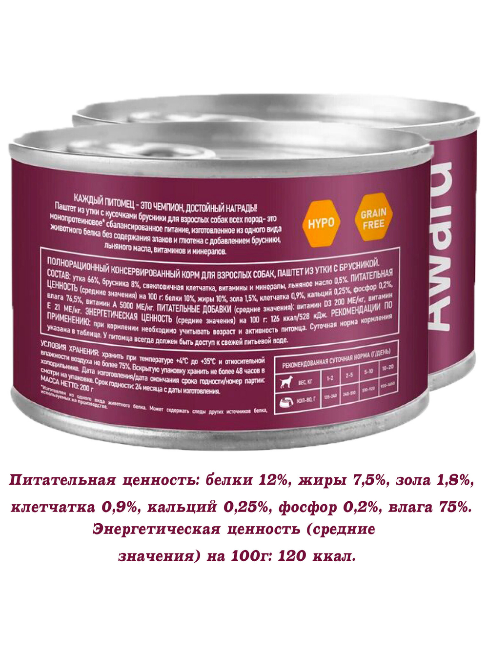 Паштет из утки с брусникой для взрослых собак 200г