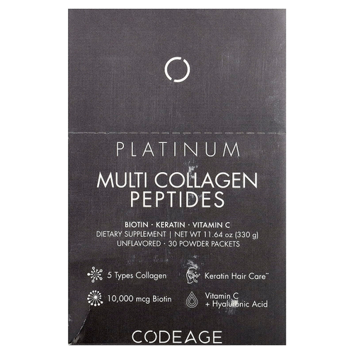 Codeage, Platinum, мультиколлагеновые пептиды, без добавок, 30 пакетиков по 11 г (0,38 унции)