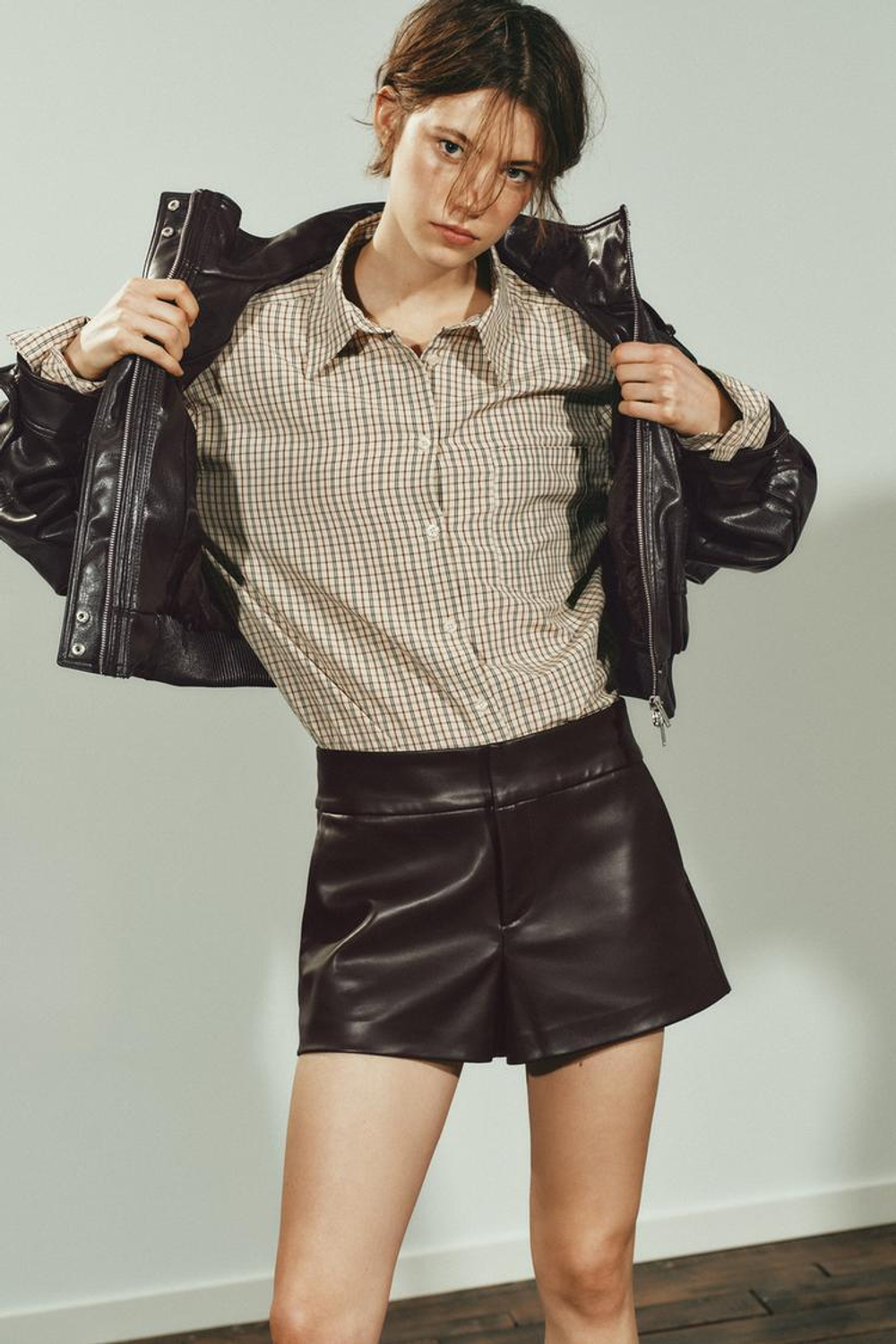 ZARA РУБАШКА REGULAR FIT В КЛЕТКУ, ЭКРЮ/КОРИЧНЕВЫЙ