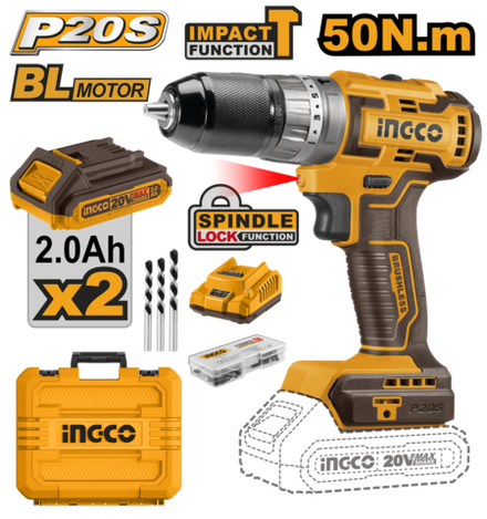 Аккумуляторный бесщёточный ударный шуруповерт INGCO CIDLI20508 INDUSTRIAL 20 B 50 Нм 18+1+1