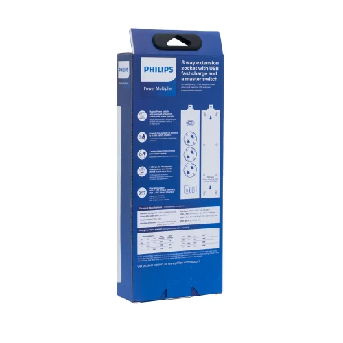 Сетевой фильтр удлинитель Philips CHP4336WA/51 с тремя стандартными розетками EU, 2 USB-A, Type-C, с заземлением и защитой от перегрузок, 2 м, белый