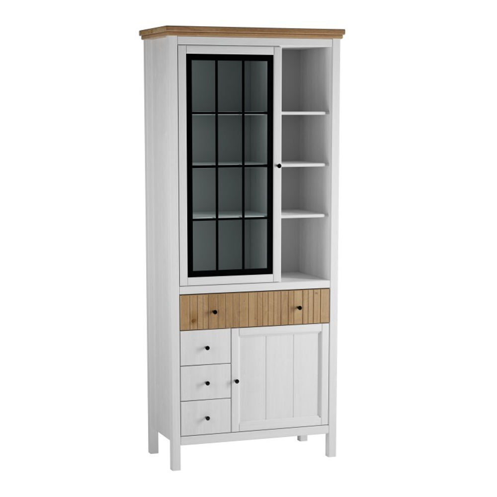 Шкаф для посуды «Сканди» 1 стеклянная, 1 глухая дверь и ящики белый/антик