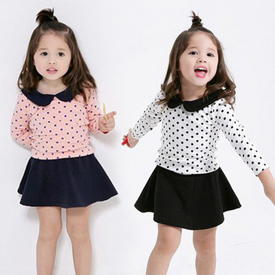 Костюм из лонгслива в горох с воротником и контрастной юбки