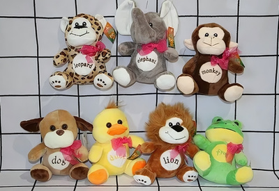 Звери с вышитым названием на животе 8 видов 12x17x9см. (Hand)