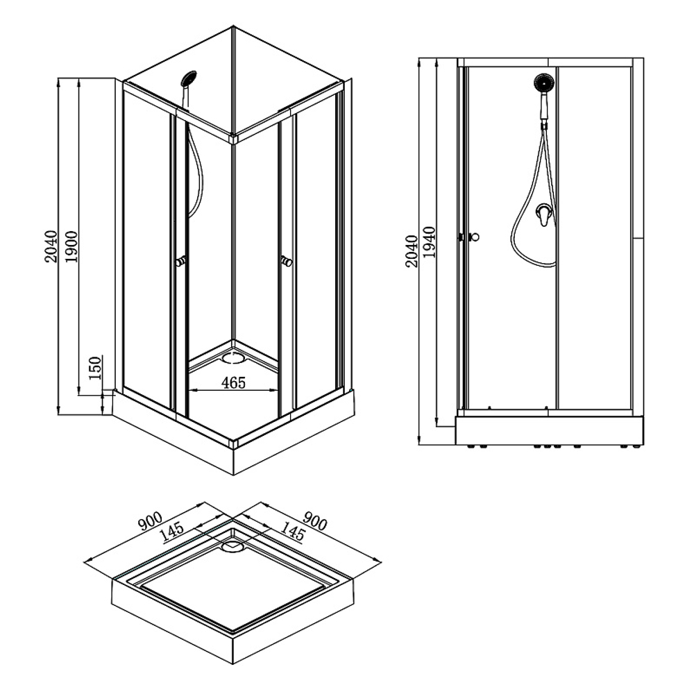 Душевая кабина Loranto NEO 90x90x(190+15) c низким поддоном 15см, прозрачное закаленное стекло 5 мм,задние стеклянные стенки белые, профиль черный-матовый (CS-21801)