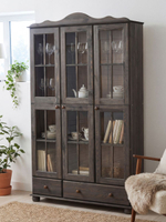 Шкаф витрина 113х32х186, Бритта, стеклянная, для посуды, в гостиную, напольный, массив сосны, 3 двери, Dipriz