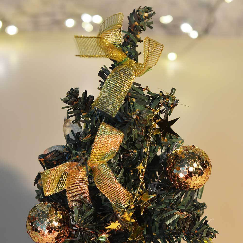 Елка настольная 20см в золотистой корзинке, украшение: бант, шар с паетками, МВ-19В0803М