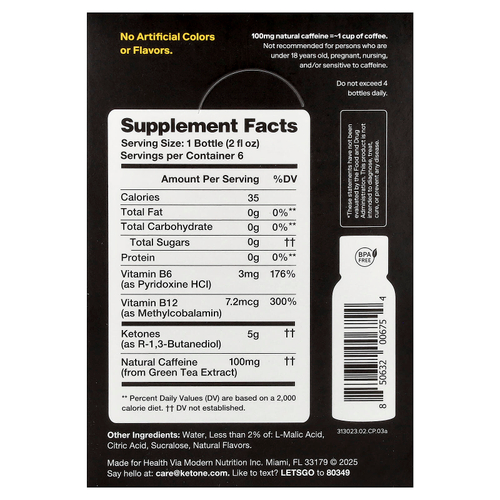 Ketone-IQ, Energy Shot, персик, 6 флаконов по 59 мл (2 жидк. унции)