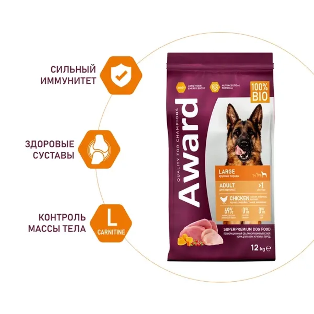 AWARD (Авард) Сухой корм для взрослых собак крупных пород с курицей и индейкой