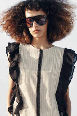 ZARA БЛУЗА В ПОЛОСКУ С ВОЛАНАМИ, ЧЕРНЫЙ/ЭКРЮ