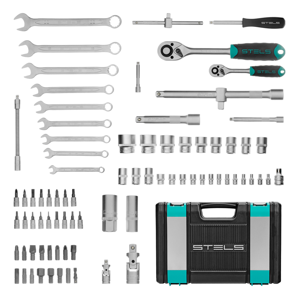 Набор инструментов, 1/2", 1/4", CrV, пластиковый кейс 82 предмета Stels