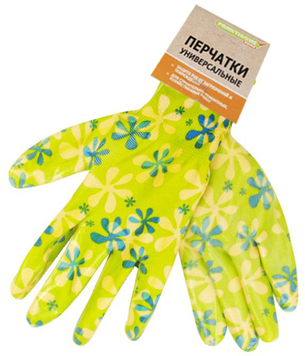Перчатки садовые нейлоновые с покрытием зеленые с цветами Praktische Home G-111-1