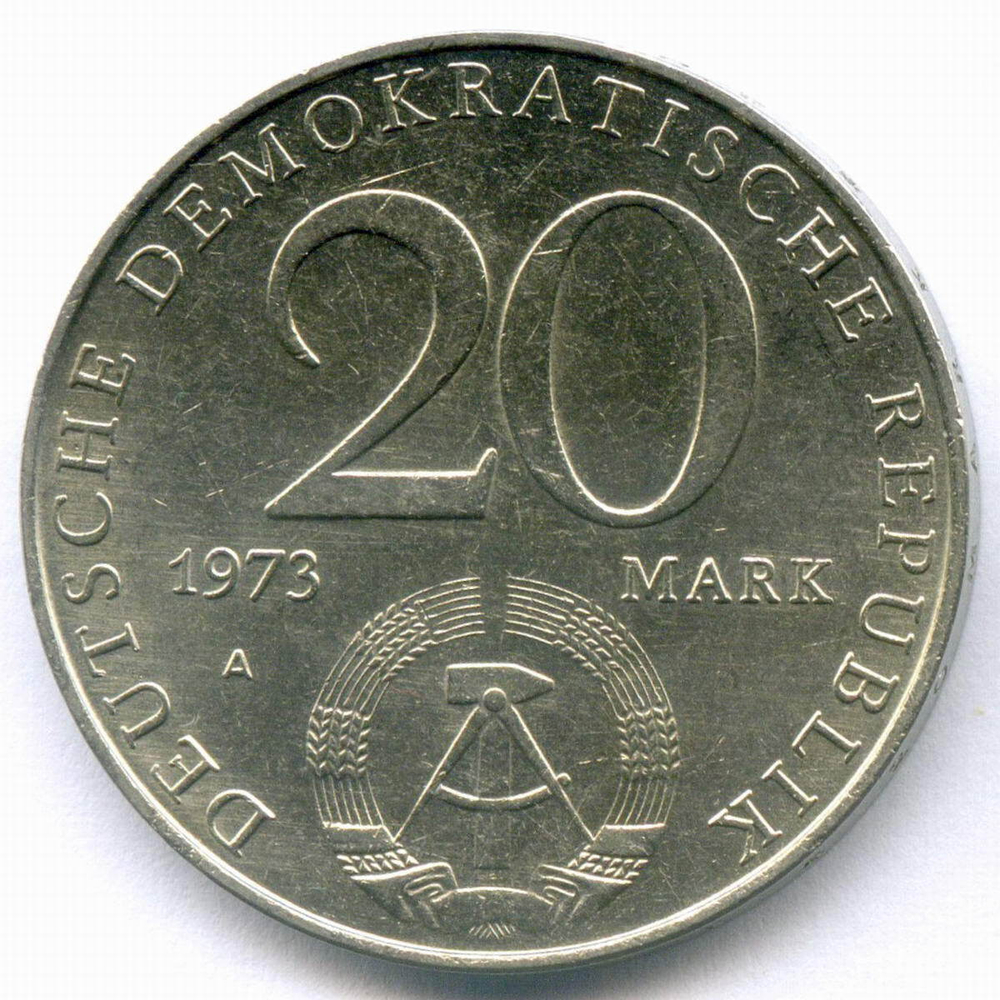 20 марок 1973 (A). Отто Гротеволь. Германия-ГДР. Диаметр 33 мм, медно-никель XF