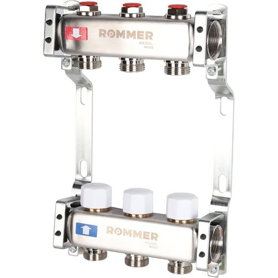Коллектор Rommer 1"x3/4" на 3 контура с запорными клапанами (нерж. сталь) RMS-3200-000003