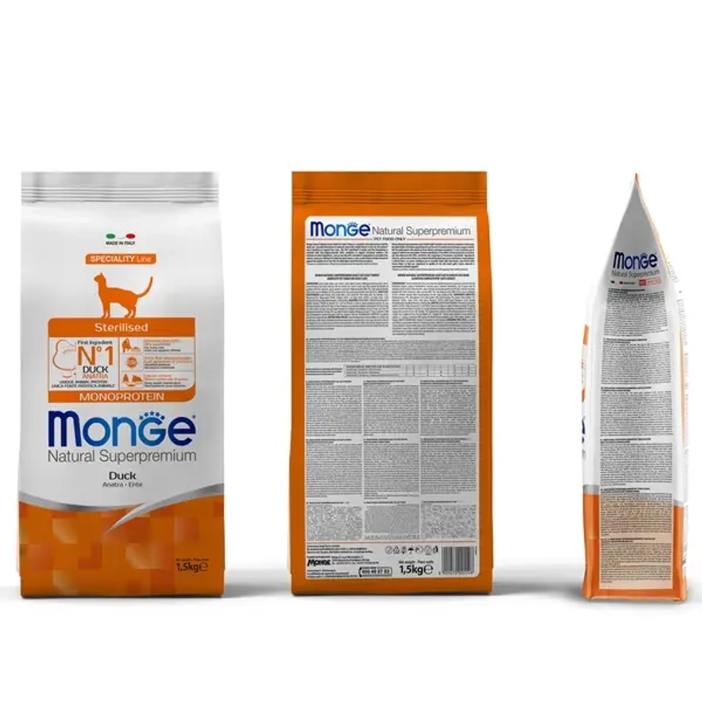 Сухой корм Monge Cat Speciality Line Monoprotein Sterilised для стерилизованных кошек/кастрированных котов, из утки 1,5кг