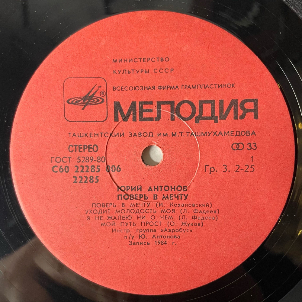 Винтажная виниловая пластинка LP Юрий Антонов Поверь В Мечту (СССР 1985) На Улице Каштановой