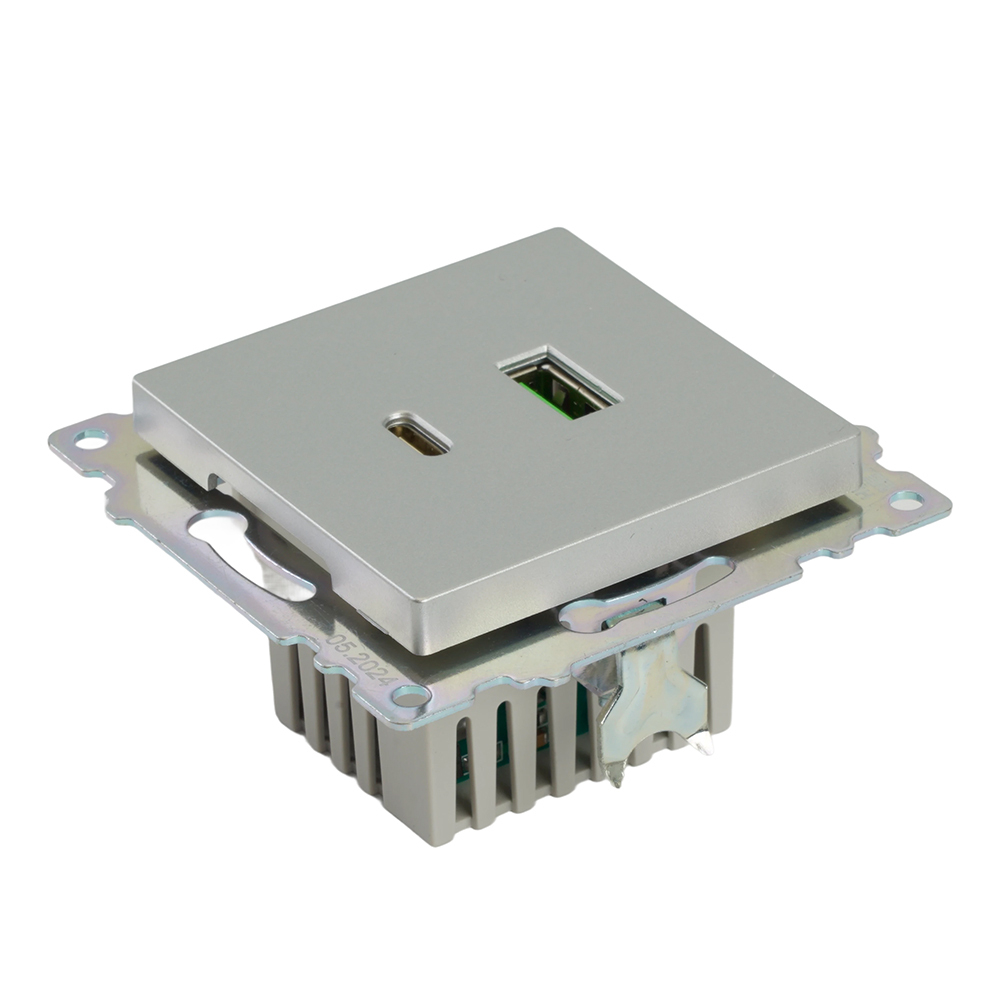 Розетка 2-местная USB + type C (механизм)), STEKKER GLS10-7116-03 , 250B, 3А, max 20W, серия Катрин, серебро 50054