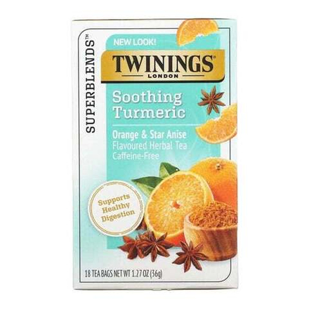 Травяные сборы и чаи Twinings, Успокаивающий травяной чай, куркума, апельсин и анис звездчатый, без кофеина, 18 пакетиков по 1,27 унц. (36 г)