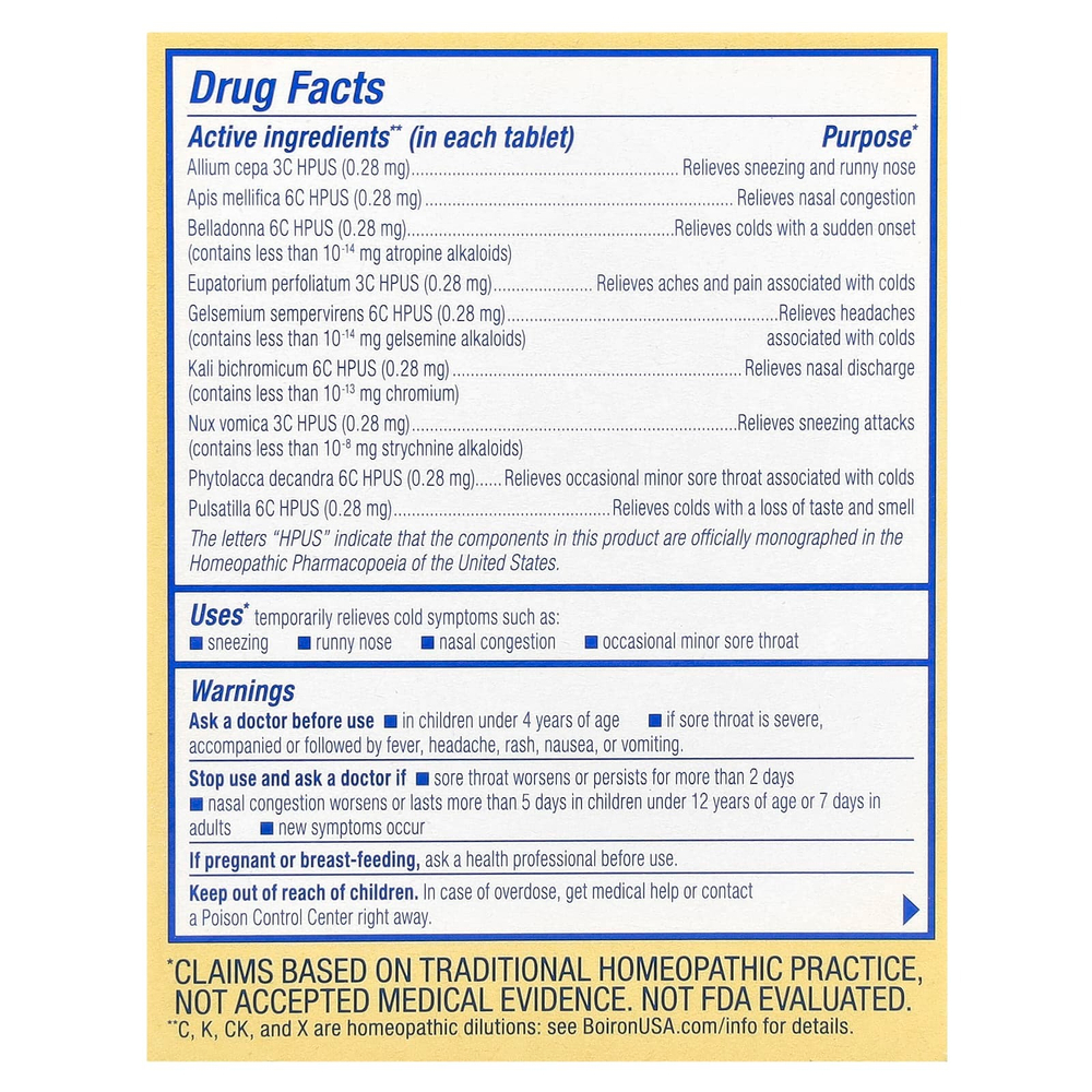 Boiron, ColdCalm®, для детей от 4 лет, с нейтральным вкусом, 60 таблеток для рассасывания