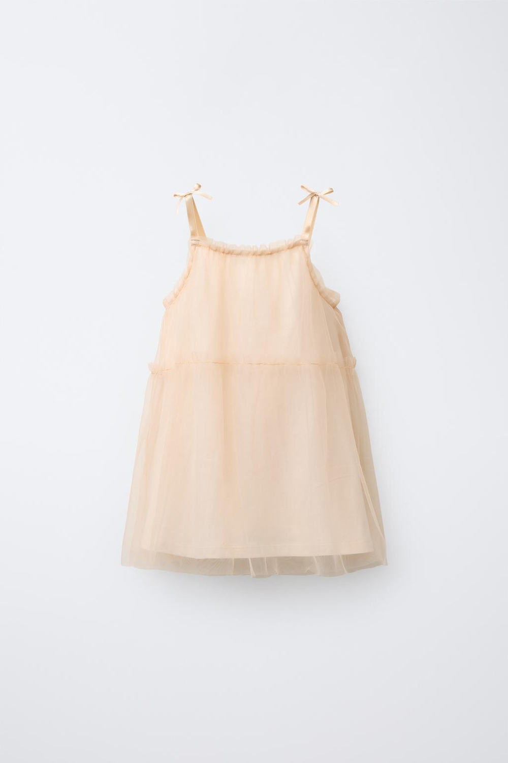 ZARA ПЛАТЬЕ ИЗ ПОЛУПРОЗРАЧНОЙ ТКАНИ С БАНТАМИ, ЭКРЮ