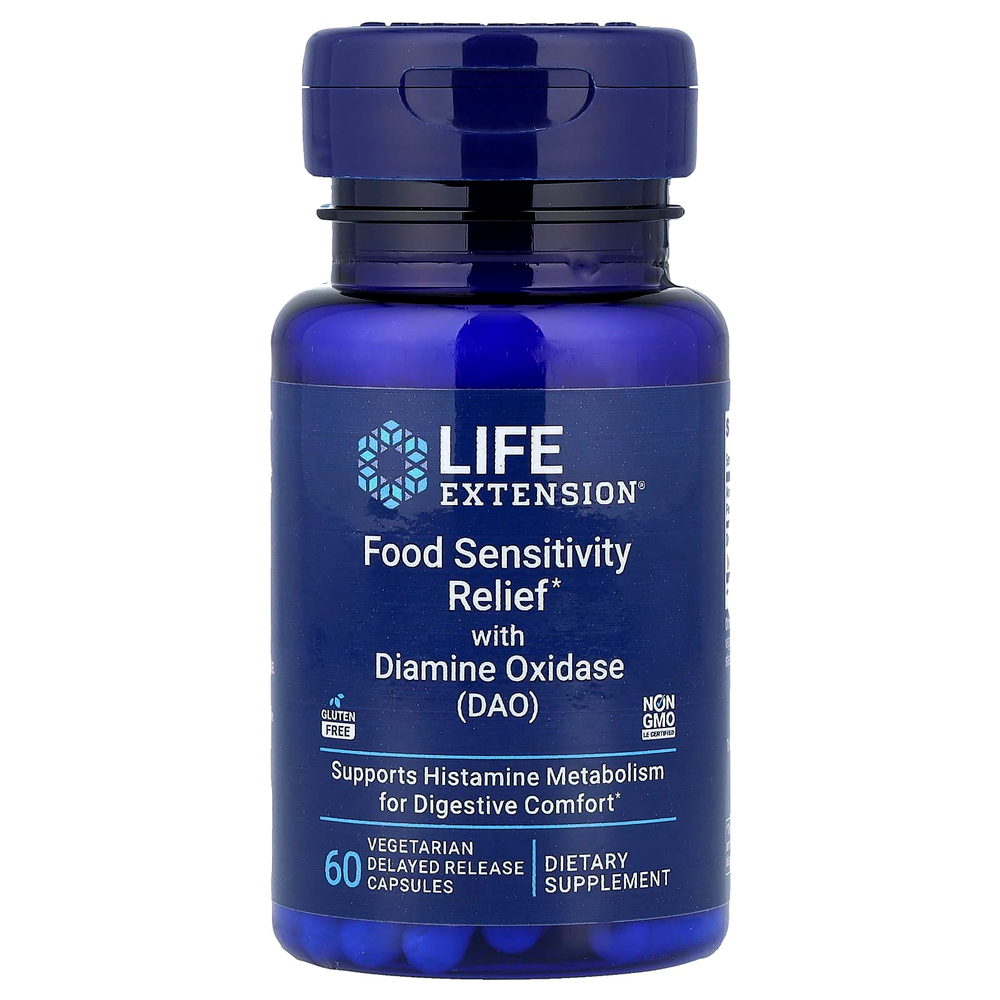 Life Extension, средство для облегчения чувствительности к пище с диаминоксидазой (DAO), 60 вегетарианских капсул с отсроченным высвобождением (4,3 мг в 1 капсуле)