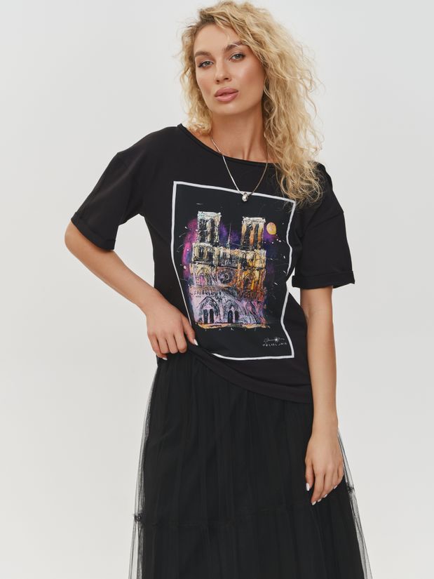 Футболка со спущенным плечом  принт "Париж", черная