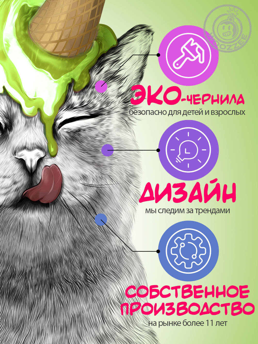 Наклейка декоративная "Кот с зеленым мороженым"