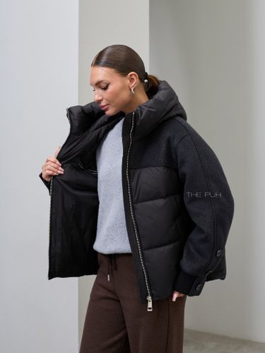Комбинированный черный пуховик с капюшоном