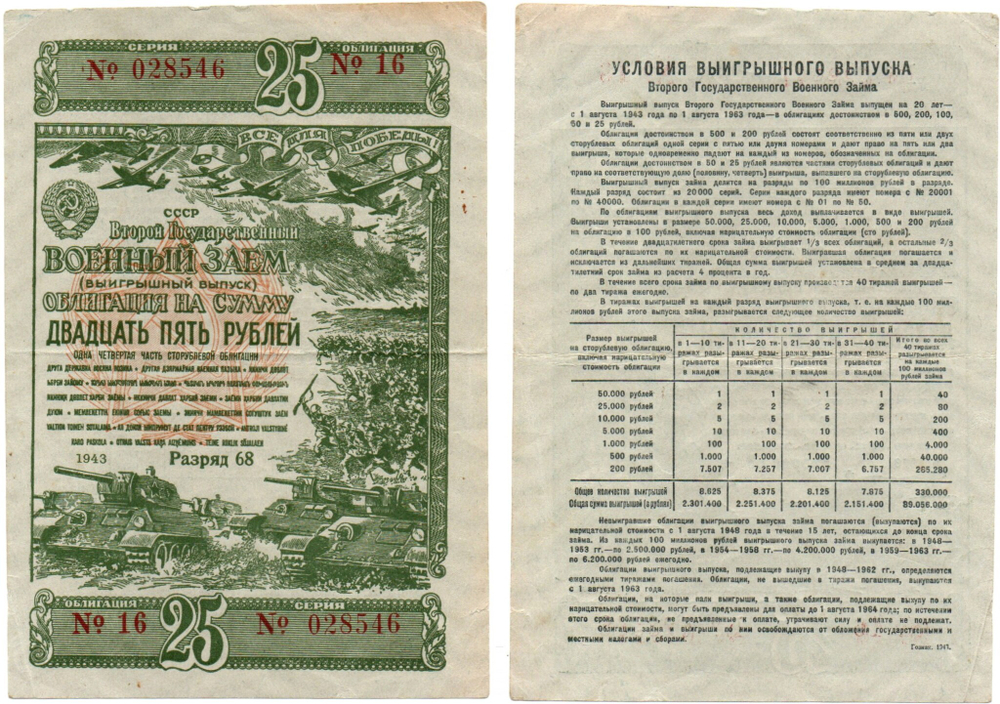 Облигация 25 рублей 1943 г. Военный заем СССР. Разряд 68. Серия № 028546.
