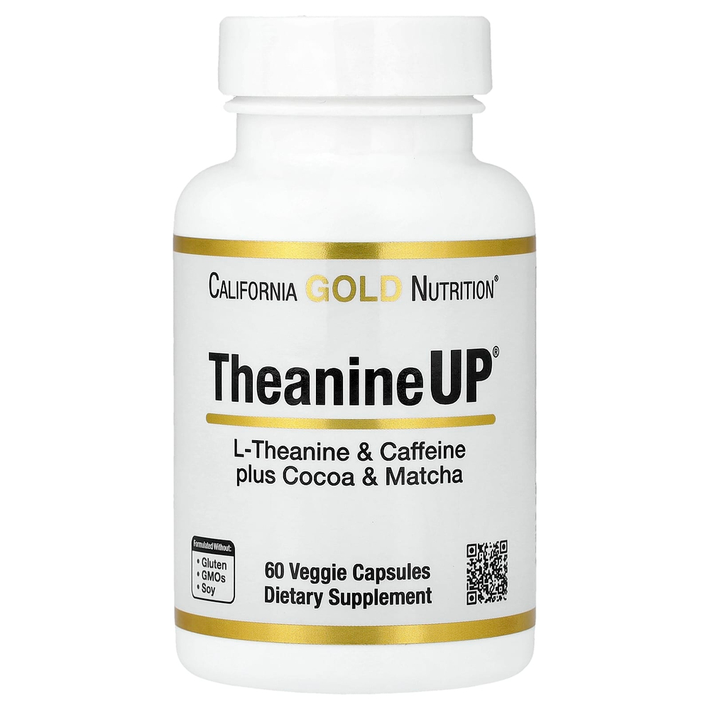 California Gold Nutrition, TheanineUP®, L-теанин, кофеин, какао и матча, 60 растительных капсул