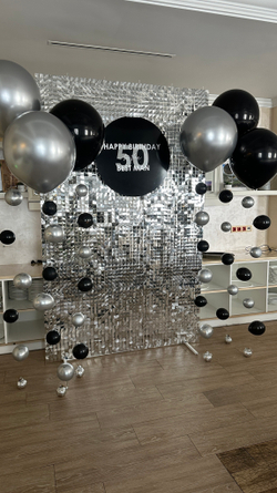Фотозона на Юбилей с блестящей стеной из пайеток №3006