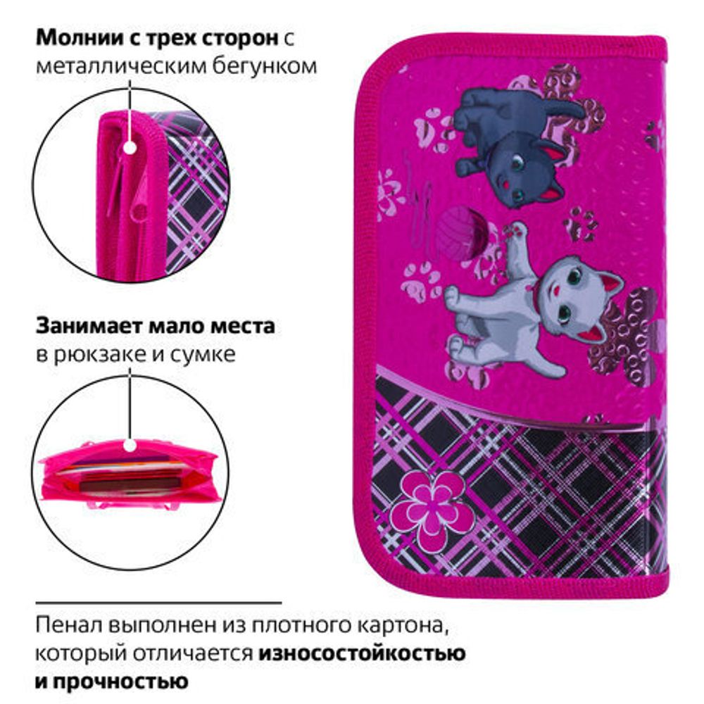 Пенал BRAUBERG, 2 отделения, металлизированный картон, конгрев, 19х11 см, Котята, 103699