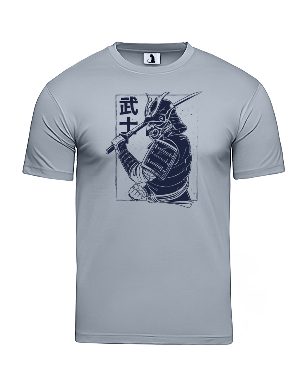 Футболка с самураем мужская серая с синим рисунком