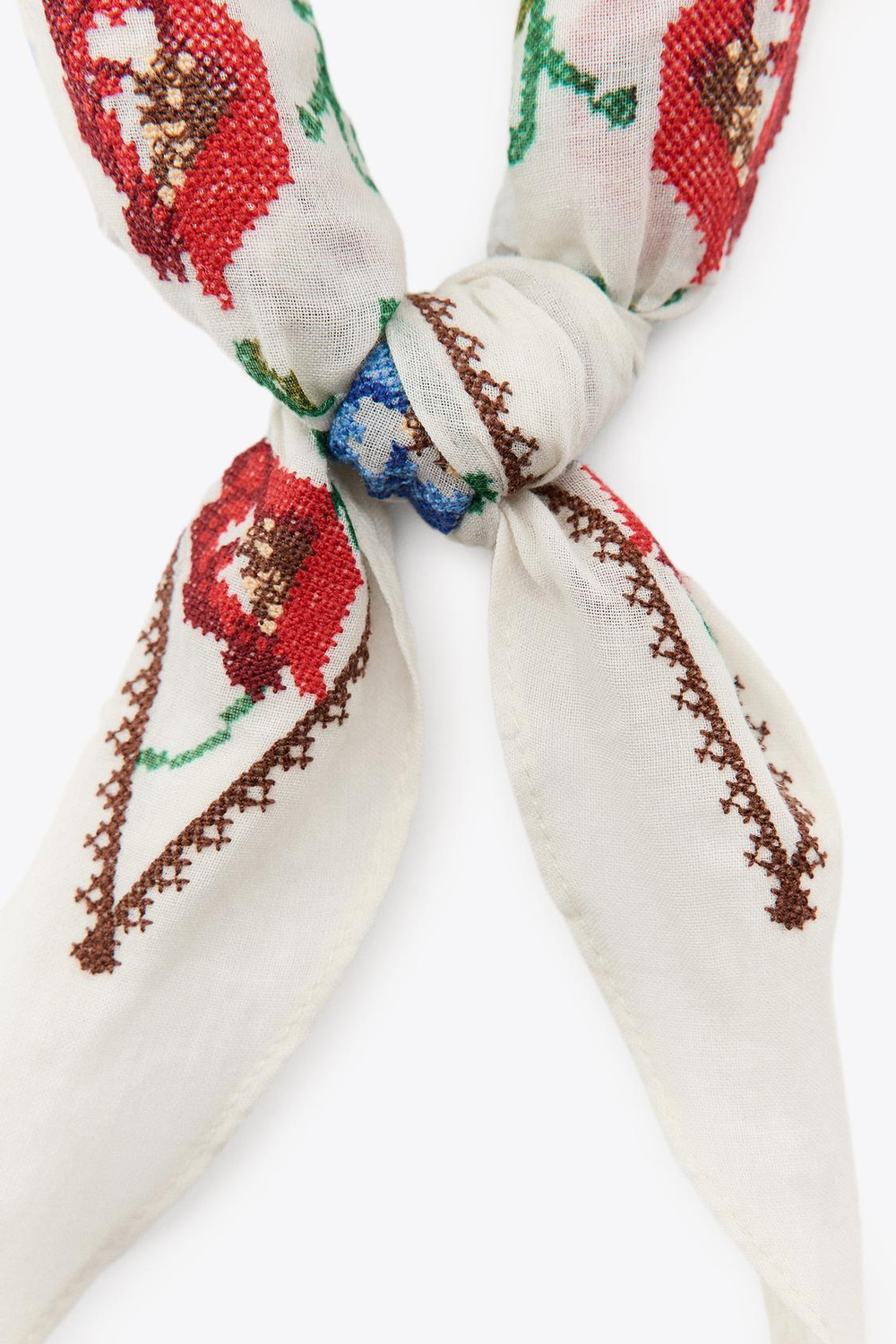 ZARA БАНДАНА С ВЫШИВКОЙ В ВИДЕ ЦВЕТОВ, ЭКРЮ