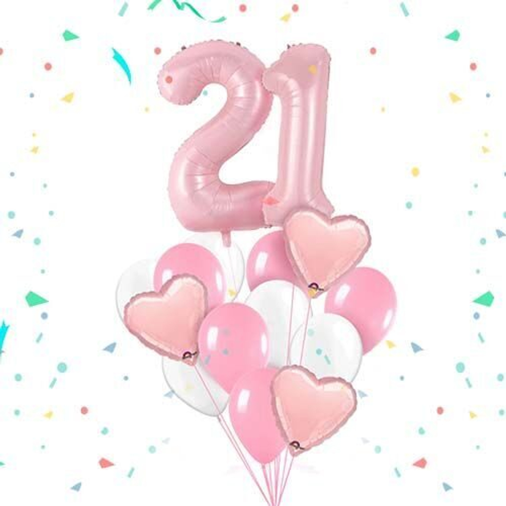 Композиция из розовых шаров с сердцами и цифрами на 21 год