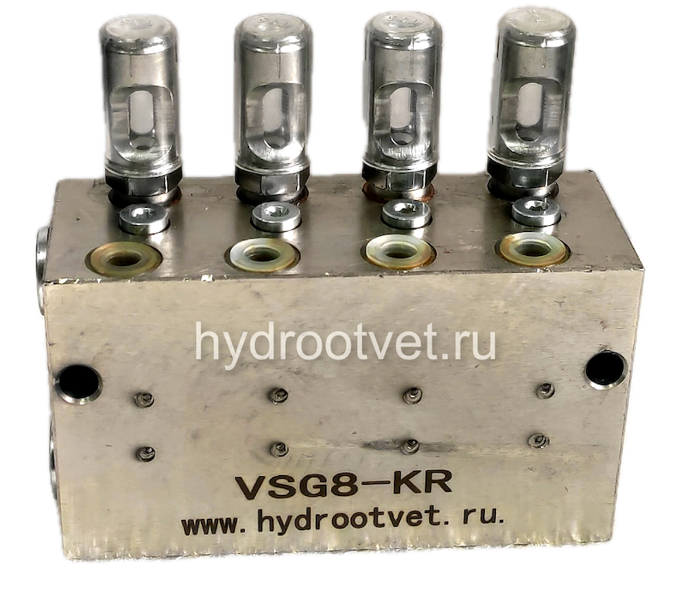 VSG8-KR - Питатель для двухлинейных систем смазки с рабочим давлением 400 бар, количество выходов 8, максимальная доза 2,3 мл/цикл, с регулятором и индикатором