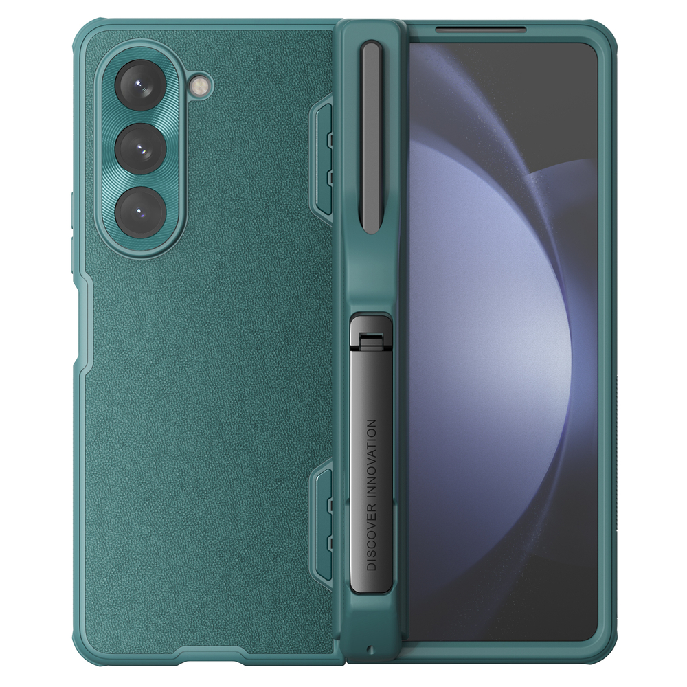 Чехол зеленого цвета от Nillkin с вставки из кожи на Samsung Galaxy Z Fold 5, серия CamShield Fold Leather, в комплекте со съемным держателем для S Pen