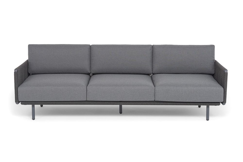 "Джелло" диван 3-местный плетеный из роупа, каркас алюминий темно-серый (RAL7024) муар, роуп темно-серый круглый, ткань темно-серая 027