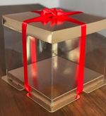 Коробка для торта Премиум прозрачная золото с пьедесталом 23.5х23.5х22