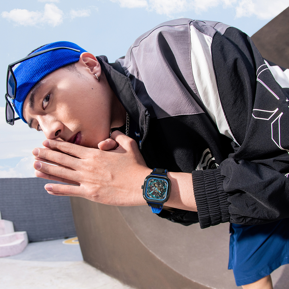 FAIRWHALE Starlight Collection Men"s Watch Mechanical Movement Silicone Strap Watch Men"s Watches Blue Dial