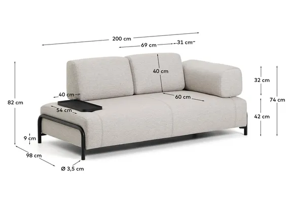 2-местный диван Compo серо-бежевого цвета с малым журнальным столиком и чёрным каркасом