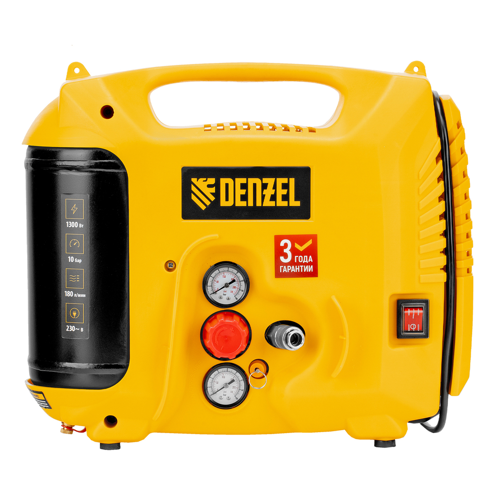 Компрессор воздушный DL1300, 10 бар, 1,3 кВт 180 л/мин 5 л, с набором аксессуаров Denzel