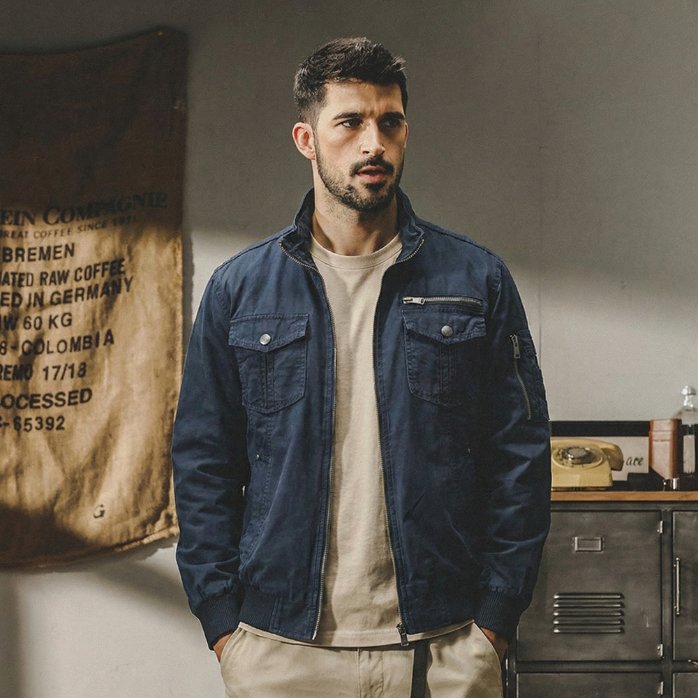 Мужская ветровка на резинке в Американском ретро-стиле из натурального хлопка без капюшона.