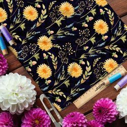 Ткань блэкаут солнечные одуванчики на чёрном фоне