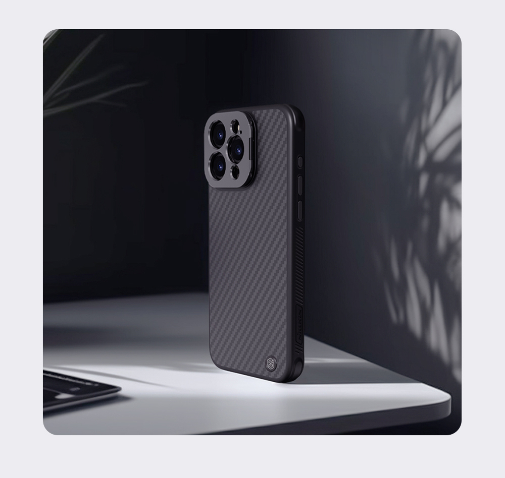Чехол от Nillkin из арамидного волокна для iPhone 15 Pro Max, серия CarboProp Magnetic Case, с поддержкой MagSafe и металлической откидной крышкой