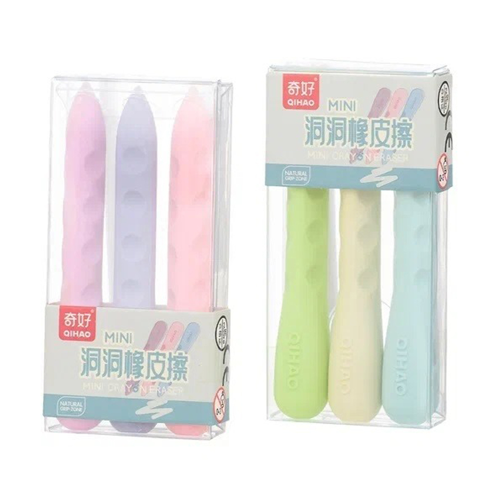 Ластик Qihao, фигурный, серия "Цветные мелки", в коробочке, 10 см, 3 розовых и зелёных оттенка, набор 3 шт