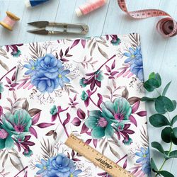 Ткань сатин крупные яркие цветы и сиреневые листья